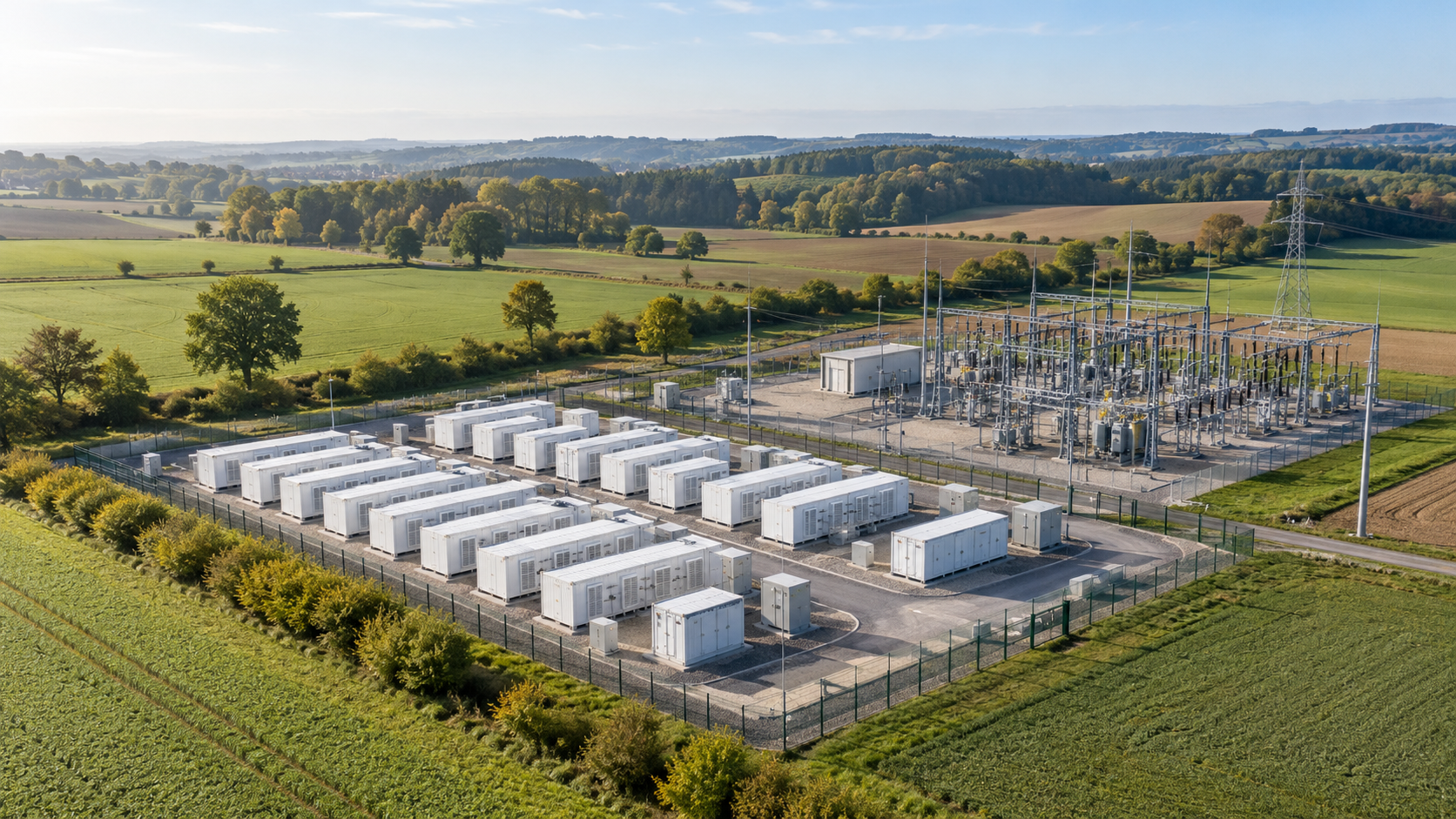 Luftaufnahme des Konzeptprojekts Aurora: Batteriespeicher und Umspannwerk in einer Agrarlandschaft