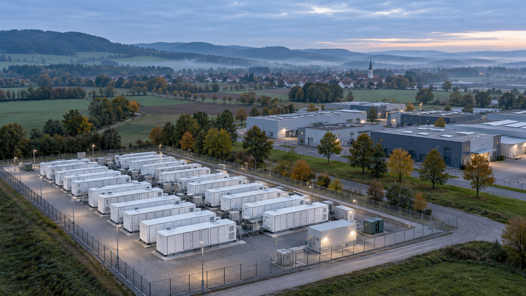 Luftaufnahme des Konzeptprojekts Eos: Batteriespeicher am Gewerbestandort